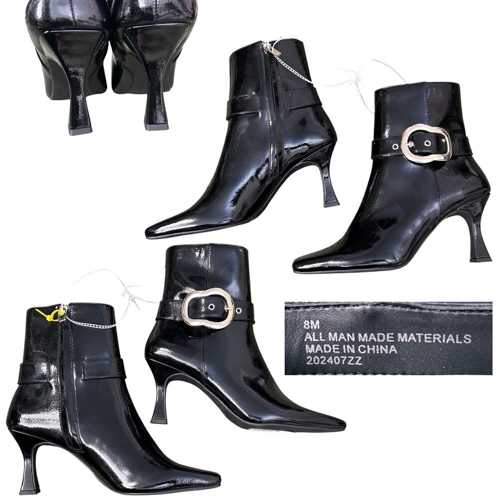 NWOB Gb Gianni Bini Sz 8M Face-Card Patent Oversized Buckle Heeled Bootie Black